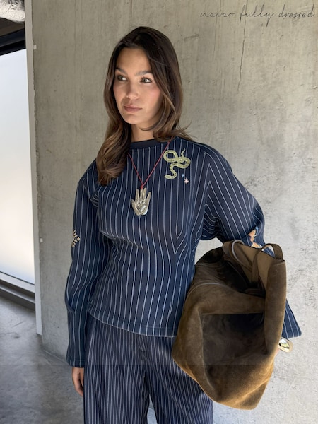 Never Fully Dressed Blue Pinstripe Barrel Sweatshirt (Y25744) | €126