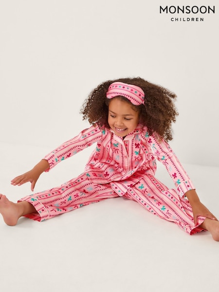 Monsoon Pink Bow Print Satin Long Pyjamas & Sleep Mask Set (Y25749) | AED256 - AED270