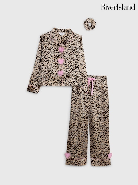 River Island Brown Girls Leopard Shirt & Trouser Pyjamas Set (Y25847) | €33