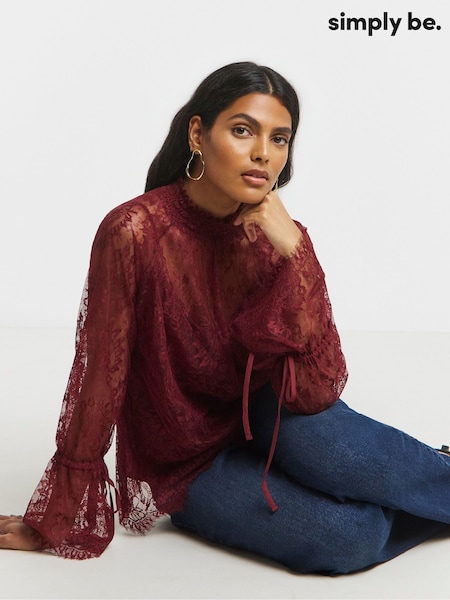 Simply Be Red Eyelash Lace Top With Sleeve Detail (Y25903) | €43