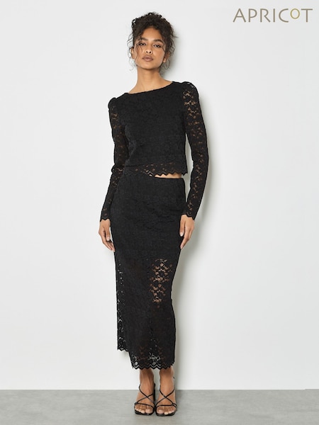 Apricot Black Leaf Corded Lace Long Sleeve Top (Y25956) | €44