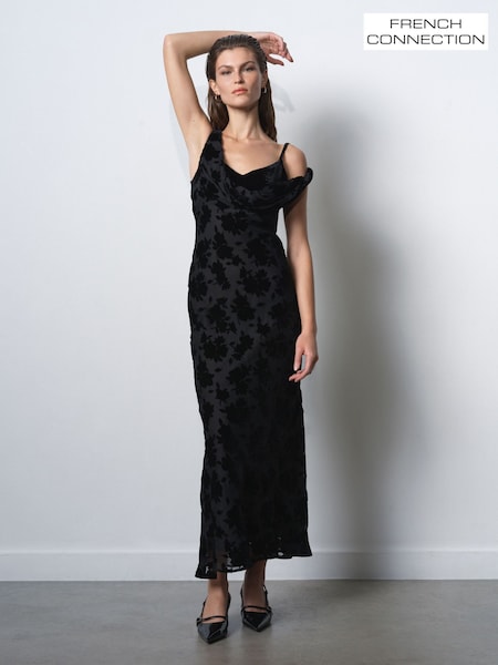 French Connection Black Kara Burnout Twisted Midi Dress (Y26054) | €217