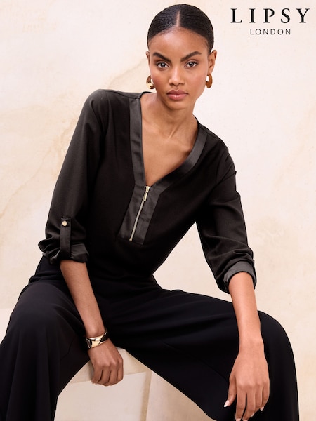 Czarny - Lipsy Zip Front 3/4 Sleeve Top (Y26240) | 215 zł