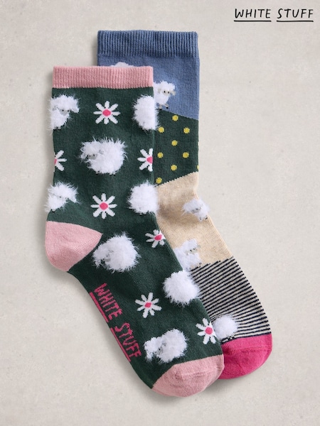 White Stuff Green 2 Pack Fluffy Sheep Socks (Y26754) | €14