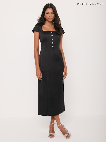 Mint Velvet Black Satin Midi Dress (Y26997) | AED1,281