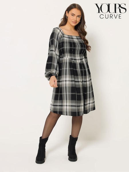 Negro - Yours Curve Check Shirred V Waist Dress (Y27580) | 48 €