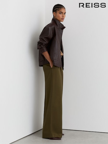 Reiss Khaki Green Cora Petite Wide-Leg Pleated Trousers (Y27610) | AED1,224