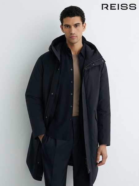 Reiss Navy Terrace Quilted Hooded Mid-Length Puffer Coat (Y27645) | kr8 777