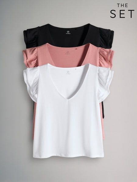 The Set 3 Pack V-Neck Frill Sleeve T-Shirt Black/Pink/White (Y27865) | SGD 38