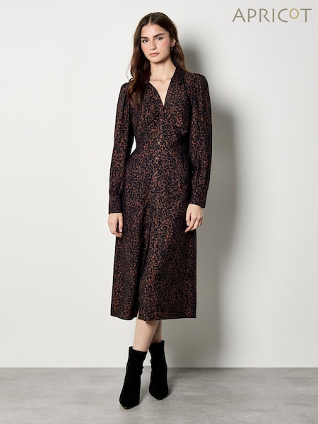 Apricot Brown Printed Ruched Long Sleeve Midi Dress (Y27904) | €74