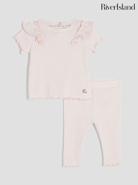 River Island Pink Baby Girl Short Sleeve Top & Leggings Rib Set (Y27915) | €17.50