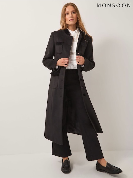 Monsoon Black Viv Velvet Trim Military Coat (Y28165) | AED1,421