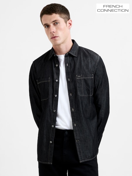 French Connection Black Cotton Regular Fit Long Sleeve Button-Up Denim Shirt (Y28222) | €85
