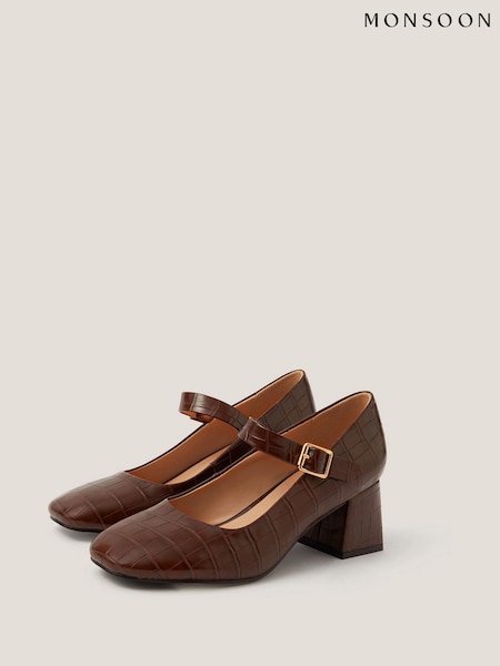 Monsoon Brown Jill Faux Croc Mary Jane Heels (Y28457) | AED391