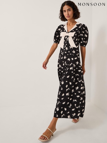 Monsoon Black Mabli Floral Bow Midi Tea Dress (Y28458) | €166