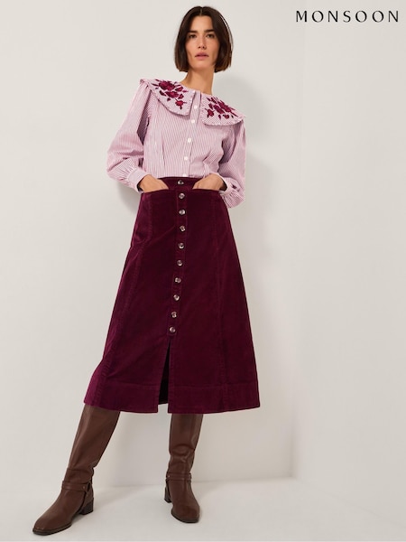 Monsoon Red Jamie Button Corduroy Midi Skirt (Y28459) | €98