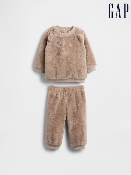 Gap Brown Sherpa Bear Outfit Sweat Top & Joggers Set (0-24mths) (Y28633) | €45