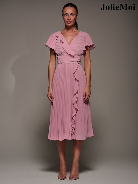 Jolie Moi Pink Chiffon Pleated Ruffle Midi Dress (Y28641) | €90