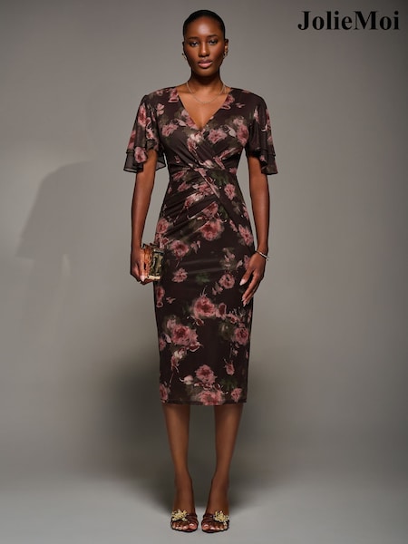 Jolie Moi Red Print Mesh Angel Sleeve Bodycon Midi Dress (Y28643) | 337 QAR