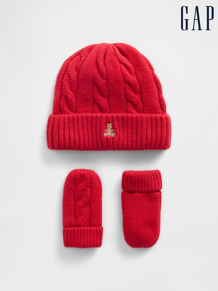 Gap Red CashSoft Cable-Knit Beanie and Mittens Set (Y29429) | €32