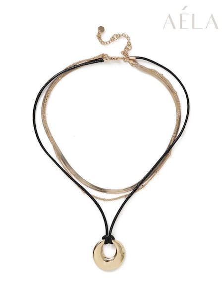 Aela Cord Metal Oval Multirow Black Necklace (Y29842) | €28