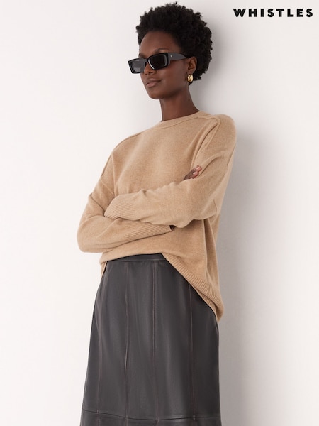 Whistles Brown Cashmere Seam Detail Crew Knit Jumper (Y29885) | AED1,136