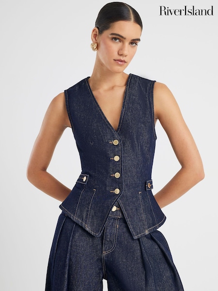 River Island Blue Fitted Tab Detail Denim Waistcoat (Y29923) | AED268