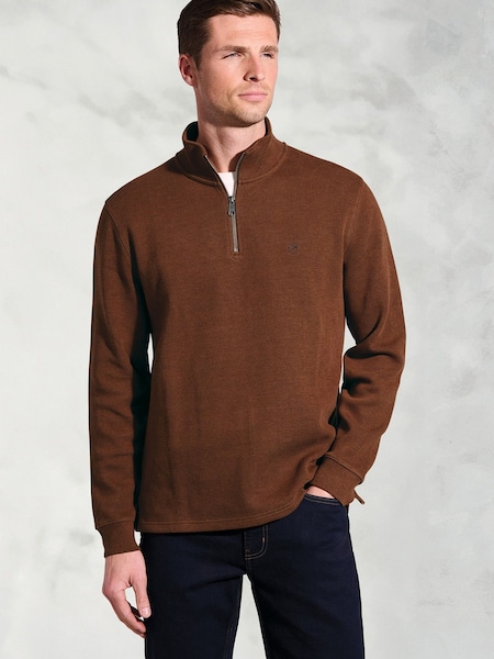Brook Taverner Brown Melange Cotton French Rib Zip Neck Jumper (Y30254) | €80
