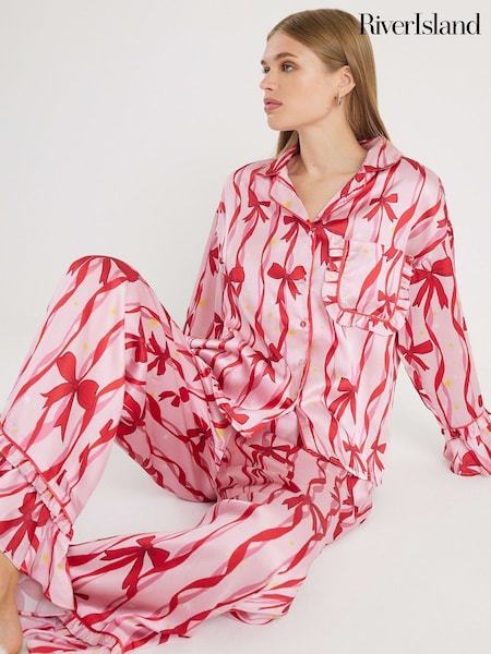 River Island Pink Stripe Bow Print Pyjamas Set (Y30402) | €53