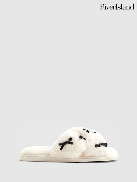 River Island Cream Plush Cross Strap Embroidered Bow Slippers (Y30403) | €31