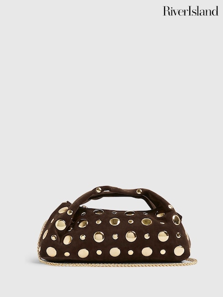 River Island Brown Studded Suede Cross-Body Bag (Y30407) | 193 QAR