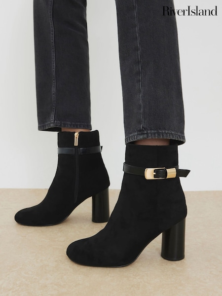 River Island Black Round Heeled Buckle Boots (Y30413) | AED285
