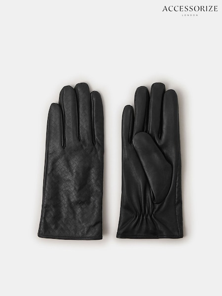 Accessorize Black Woven Leather Gloves (Y30459) | €32