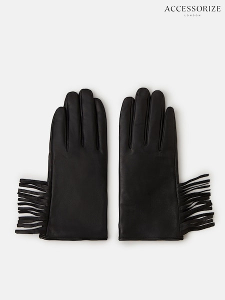 Accessorize Black Fringe Leather Gloves (Y30462) | R$ 245