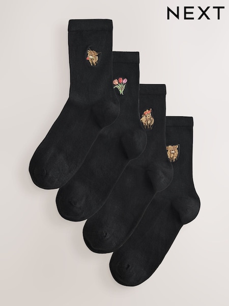 Hamish The Highland Cow / Tulips - Embroidered Motif Ankle Socks 4 Pack (Y30560) | ‏40‏₪