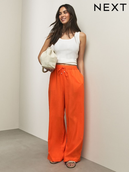 Orange Pull On Wide Leg Trousers With Linen (Y30601) | AED101