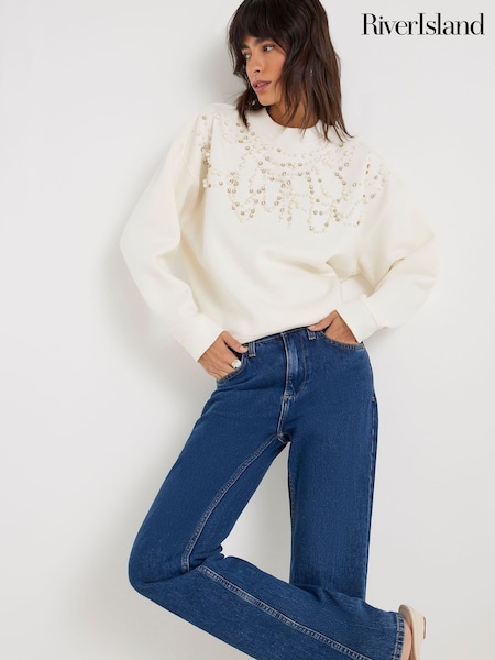 River Island Cream Diamante Pearl Trim Sweatshirt (Y30820) | €62