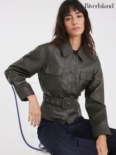 River Island Green Faux Leather Belted Long Sleeve Jacket (Y30844) | €75
