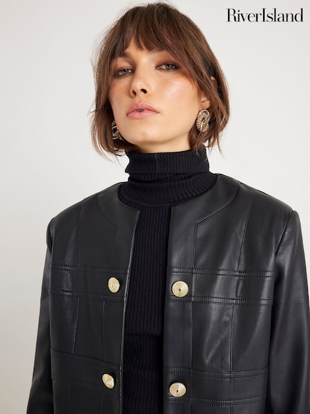 River Island Black Faux Leather Panelled Trophy Jacket (Y30864) | AED344