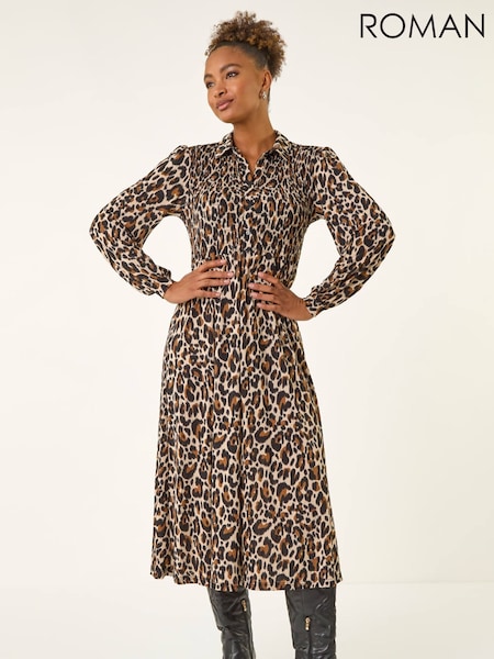 Roman Animal Print Shirred Midi Dress (Y30880) | R$ 580