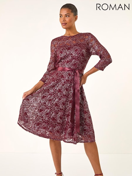 Roman Red Metallic Lace Frill Sleeve Dress (Y30888) | €83