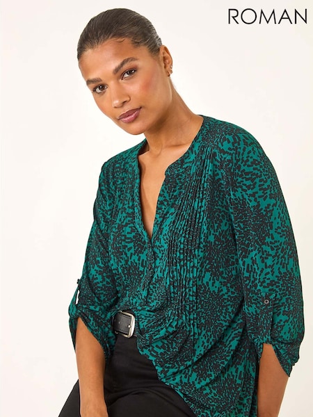 Roman Green Abstract Print Pintuck Stretch Blouse (Y30890) | €56