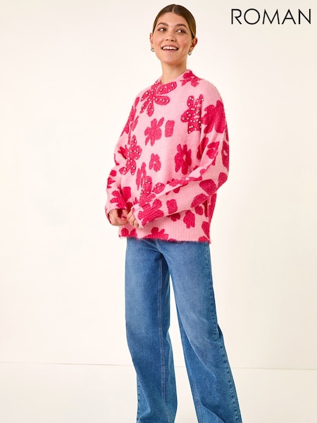 Roman Pink Floral Hotfix Knit Jumper (Y30894) | R$ 580