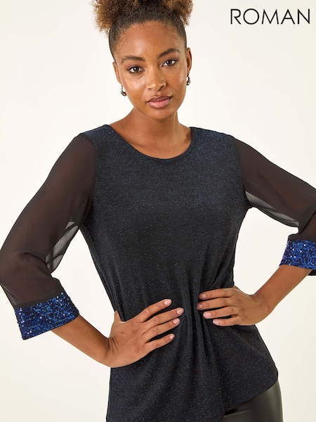Roman Blue Brillo Sequin Cuff Blouse (Y30895) | €53