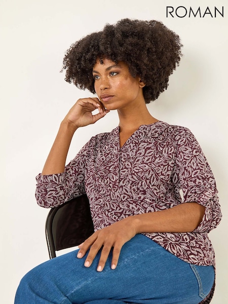 Roman Red Leaf Print V-Neck Stretch Blouse (Y30899) | €53