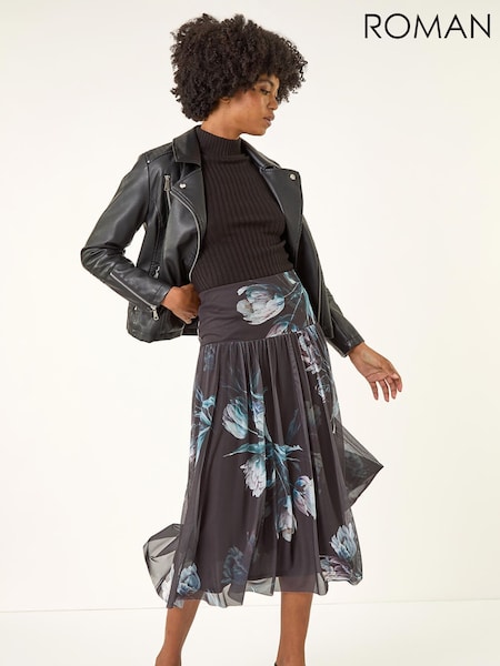 Roman Black Floral Print Mesh Layered Skirt (Y30904) | €56