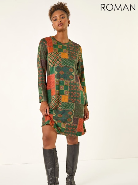 Roman Patchwork Print Button Swing Dress (Y30912) | R$ 545