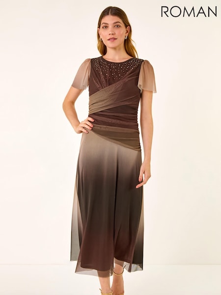 Roman Brown Hotfix Ombre Mesh Midi Dress (Y30929) | R$ 825