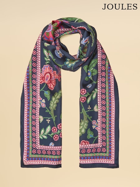 ネイビー & ピンクフローラル - Joules Windsor Silk Rectangle Scarf
