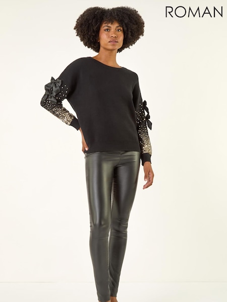 Roman Black Sequin Bow Sleeve Knit Jumper (Y31256) | €69